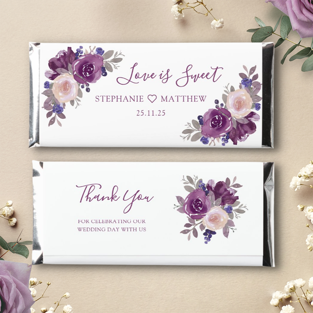 Personalized Hershey chocolate wedding favors with dusty rose watercolor floral design.