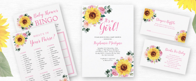 Baby shower invitations, games, enclosure cards featuring a watercolor sunflower and pink floral botanical design.