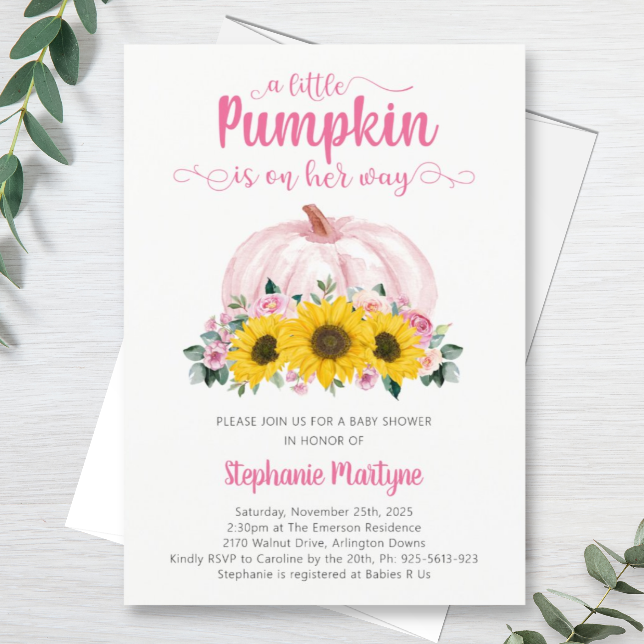 Pumpkin baby shower invitations with watercolor sunflowers and pink flowers.