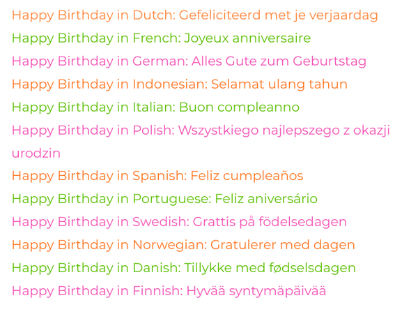 Write happy birthday in Dutch, French, German, Indonesian, Italian, Polish, Spanish, Portuguese, Swedish, Norwegian, Danish and Finnish.