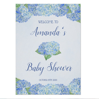 Hydrangea baby shower poster with watercolor blue hydrangea flowers.