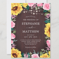 Rustic sunflower wedding invitations with sunflower and pink floral border on wood background.
