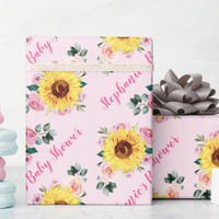 Personalized baby shower gift wrap with watercolor sunflowers and pink roses