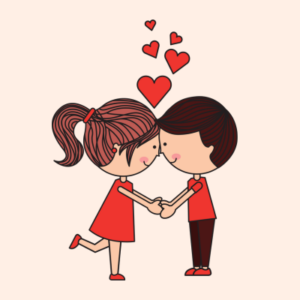 Boyfriend and girlfriend in love holding hands with red love hearts.