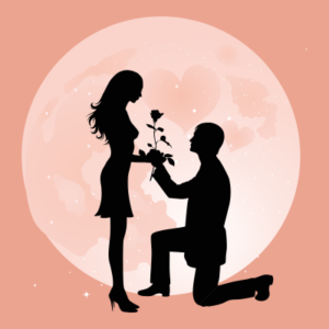 Valentine couple silhouette with man on one knee giving her a rose with the moon in the background.