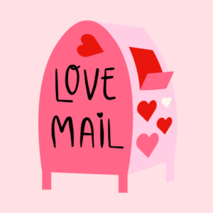 Valentine image with pink post box with letter and love hearts with LOVE MAIL text.