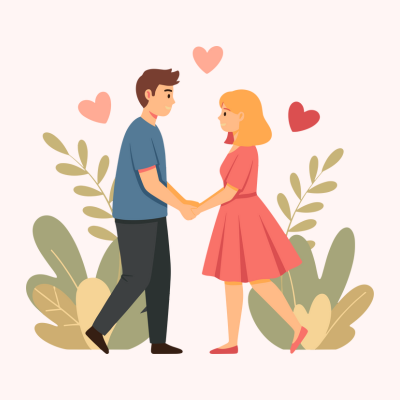 Valentine husband and wife holding hands with love hearts.