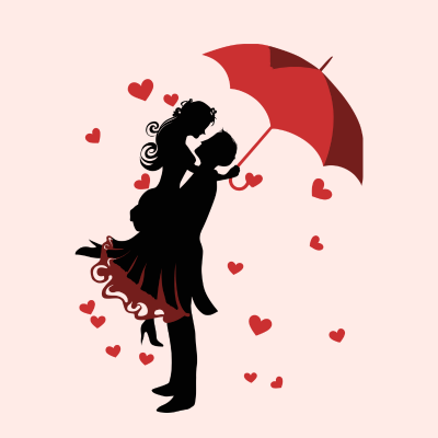 Valentine wife and husband silhouette with red umbrella and hearts