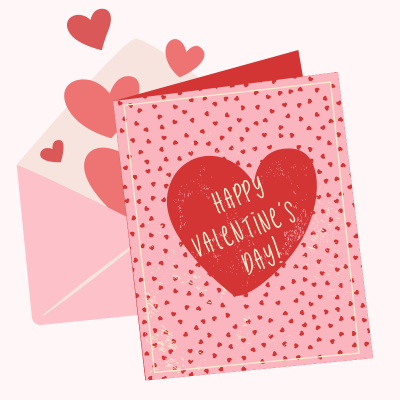 Happy Valentine's Day card with red heart on pink background and pink envelope with red love hearts coming out of it ready for valentines day card messages.